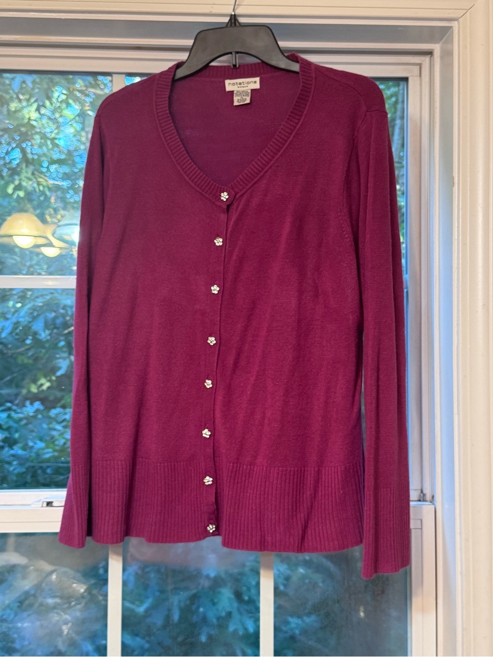Notations Woman 1X Berry Cardigan Rhinestone Flower Buttons-0219